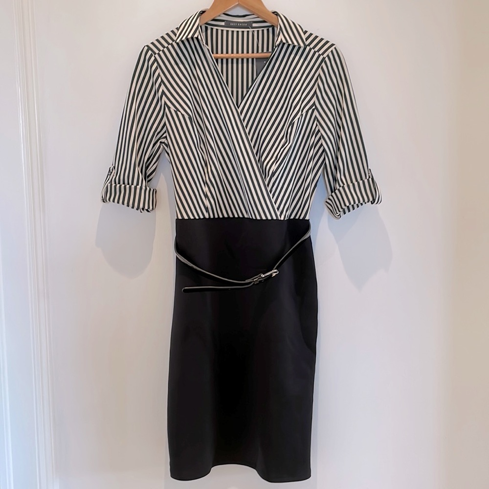Suzy Shier Striped Belted Mini Dress. Collared V-Neck. Size M. 92% Polye…